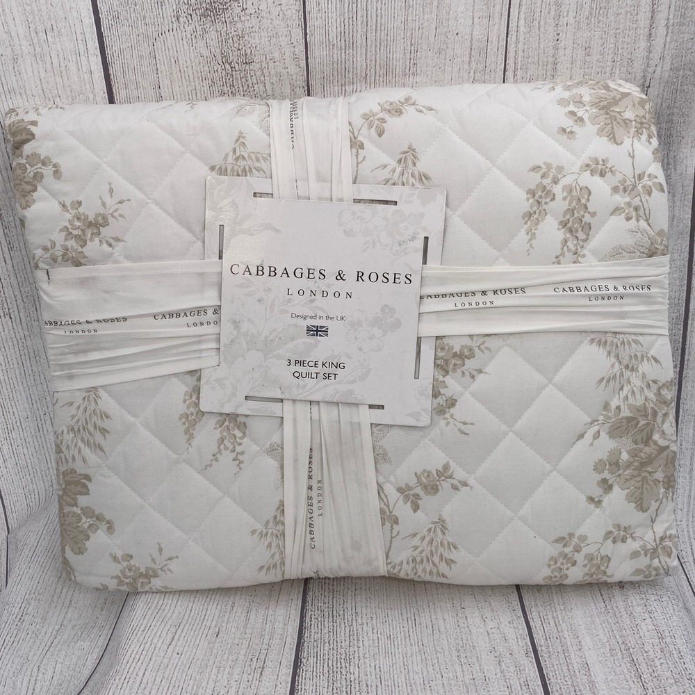 Cabbages & Roses Charlotte Quilt Set King White Natural Floral Cotton Percale